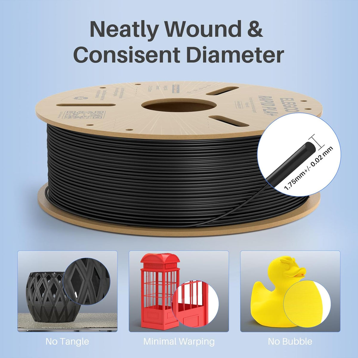 ELEGOO Rapid PLA Plus Filament 1.75mm Black 4KG, PLA+ 3D Printer Filament for 30-600 mm/s High Speed Printing, Dimensional Accuracy +/- 0.02 mm, 4 Pack 1kg Spool(2.2lbs)
