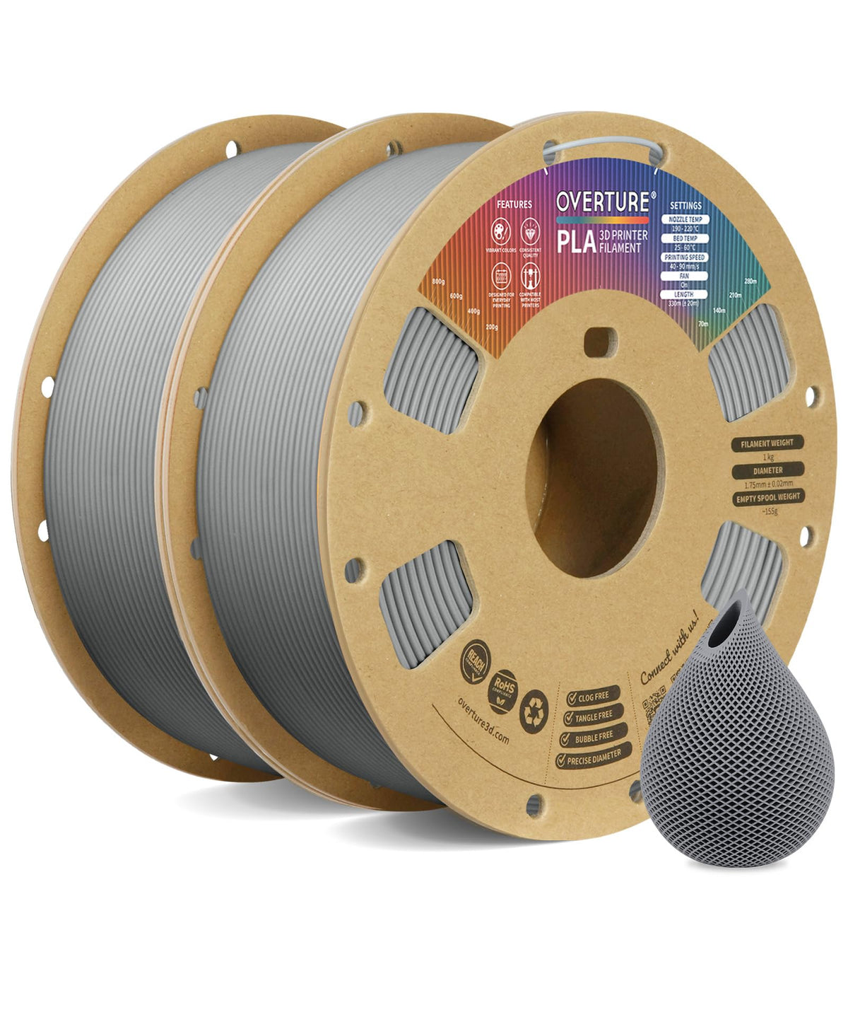 OVERTURE 10KG Bundle PLA Filament 1.75mm, Neatly Wound 3D Printer Filament 10 Pack 1kg Spool (2.2lbs), Dimensional Accuracy +/- 0.02 mm, Fit Most FDM 3D Printers (Black 10-Pack)
