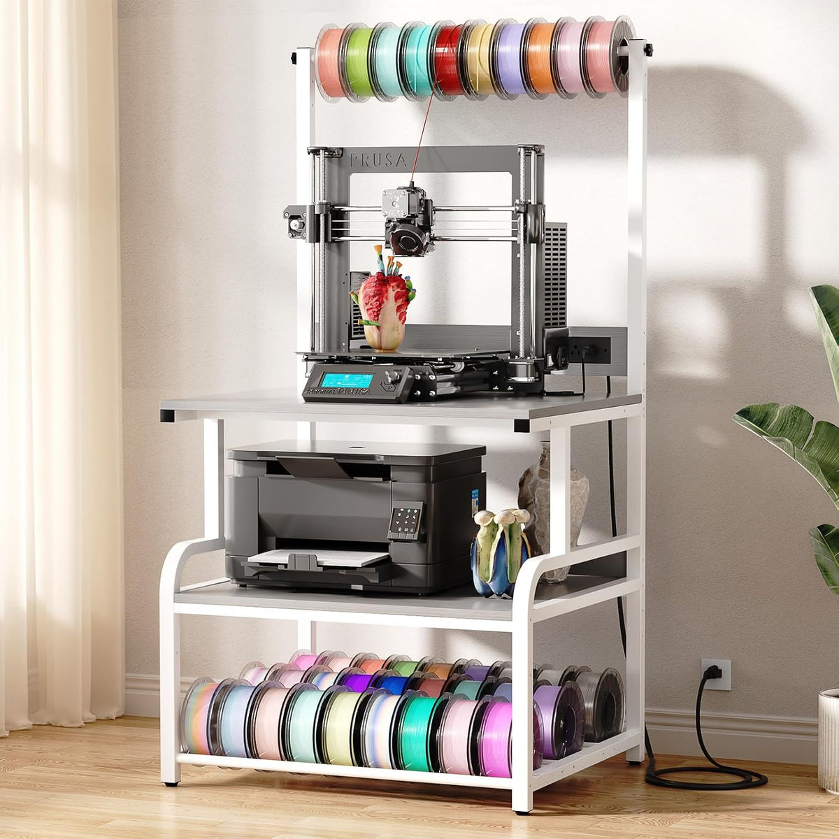Homieasy Printer Stand with Charging Station, 29.1" x 22.8" Large 3D Printer Table with Filament Storage, Heavy Duty Rolling Printer Cart with 4-Tier Storage for Workshop/Office/Garage, Rustic Brown