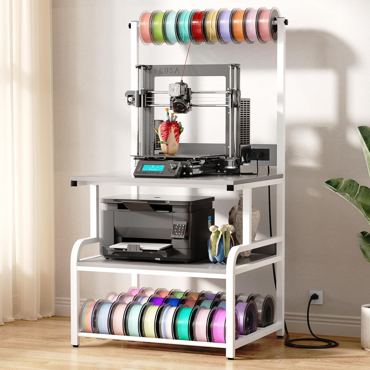 Homieasy Printer Stand with Charging Station, 29.1" x 22.8" Large 3D Printer Table with Filament Storage, Heavy Duty Rolling Printer Cart with 4-Tier Storage for Workshop/Office/Garage, Rustic Brown