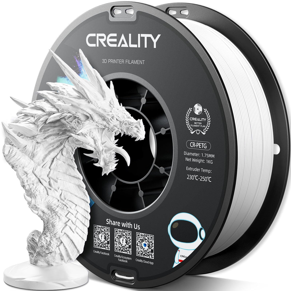 Official Creality PETG 3D Printer Filament 1.75mm 4KG (8.8lbs), High Precision, Strong Toughness, Odorless, Better Flow, Moistureproof 3D Printing CR PETG Filament, Black+White+Grey+Clear