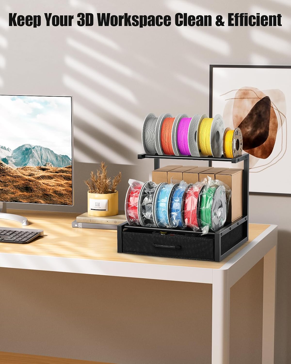 2-Tier Desktop Filament Storage Rack with Fabric Drawer - 3D Printer Filament Spools Holder Shelf for PLA/ABS/TPU Filaments, Tabletop Organizer for Home Office, Workshop Studio (Black Double Row)