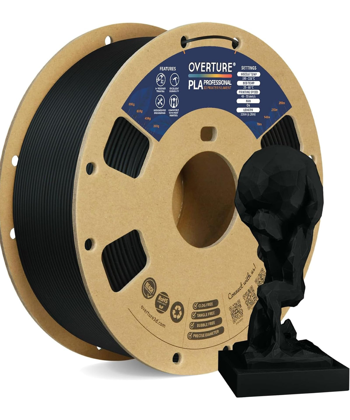 OVERTURE 4KG Bundle PLA Plus (PLA+) Filament 1.75mm, Stronger & More Durable, Professional Toughness 3D Printer Filament 1kg (2.2lbs) 4 Pack, High Precision +/- 0.02mm, Tangle-Free (Black*4)