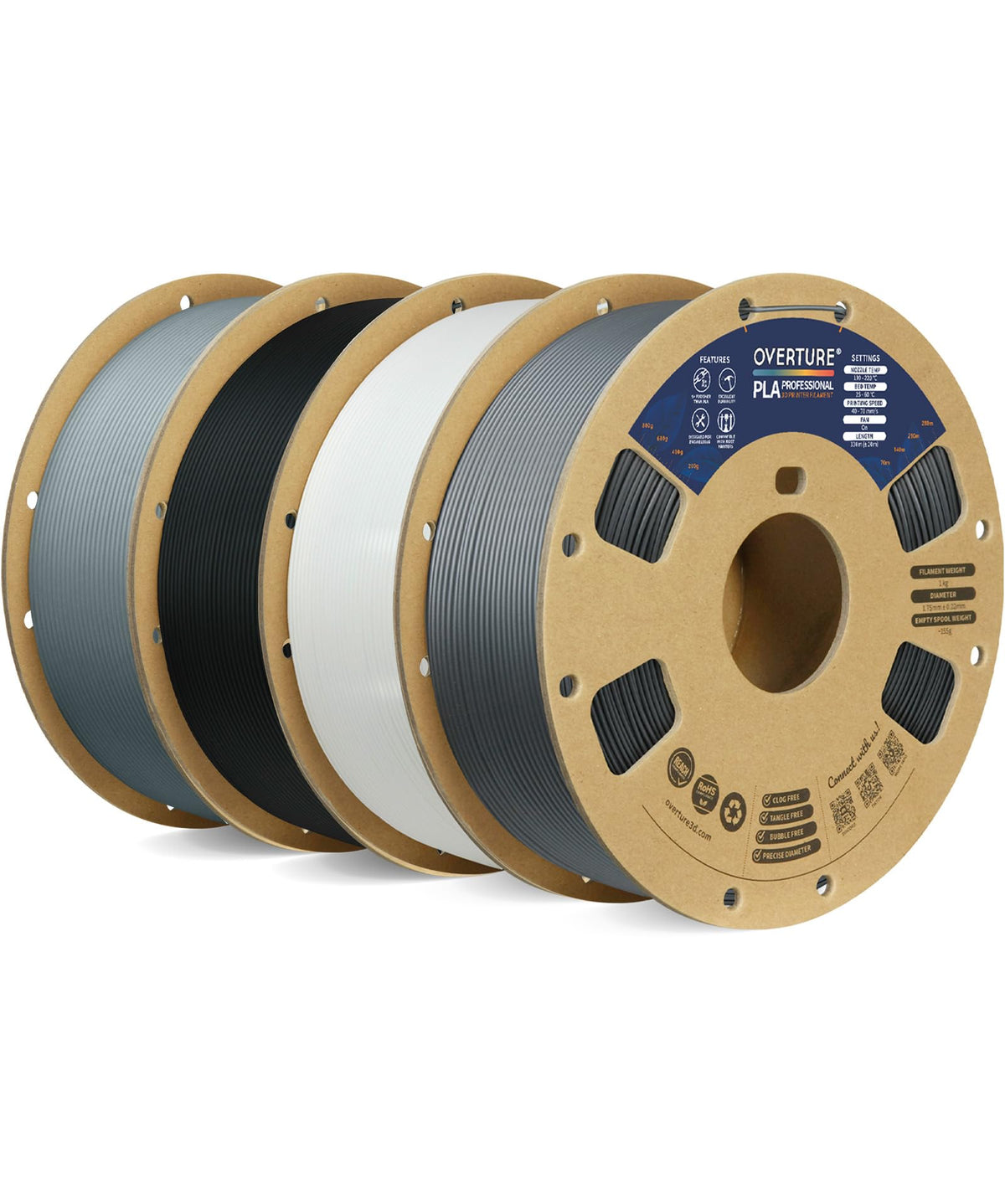OVERTURE 4KG Bundle PLA Plus (PLA+) Filament 1.75mm, Stronger & More Durable, Professional Toughness 3D Printer Filament 1kg (2.2lbs) 4 Pack, High Precision +/- 0.02mm, Tangle-Free (Black*4)