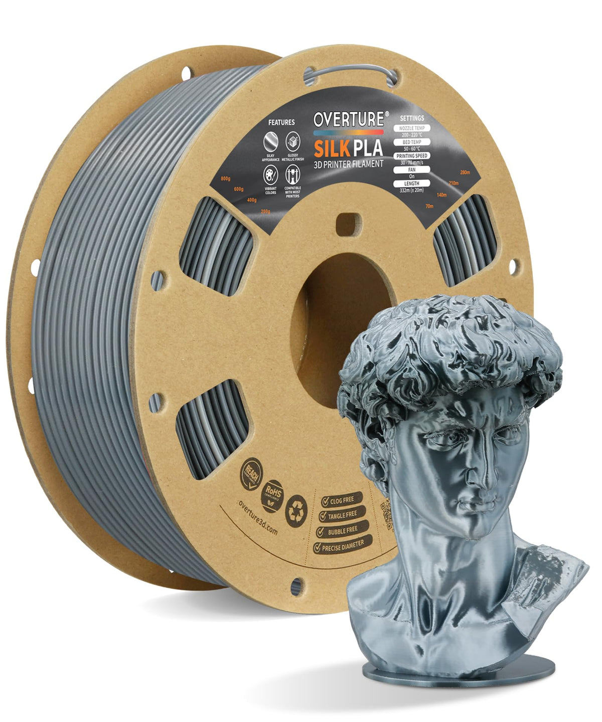 OVERTURE Silk PLA Filament Bundle, Clog-Free Shiny, Metallic Shine 3D Printer Filament, 1kg Spool * 4 Rolls(Silk Gold+Silk Silver+Silk Coppe+Silk Blue-Silver)