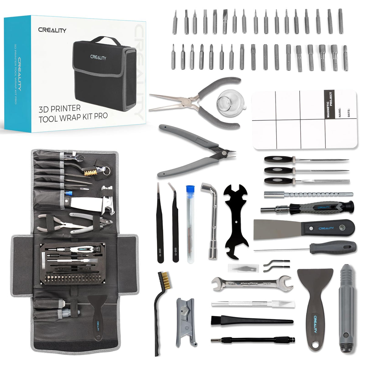 Creality 3D Print Tools Warp Kit 74PCS Comprehensive 3D Printing Tools for 3D Printer Assembling, Nozzle Cleaning, Model Removal Crafting Detailing, Filament Cutting Multi Purpose 3D Printer Tools