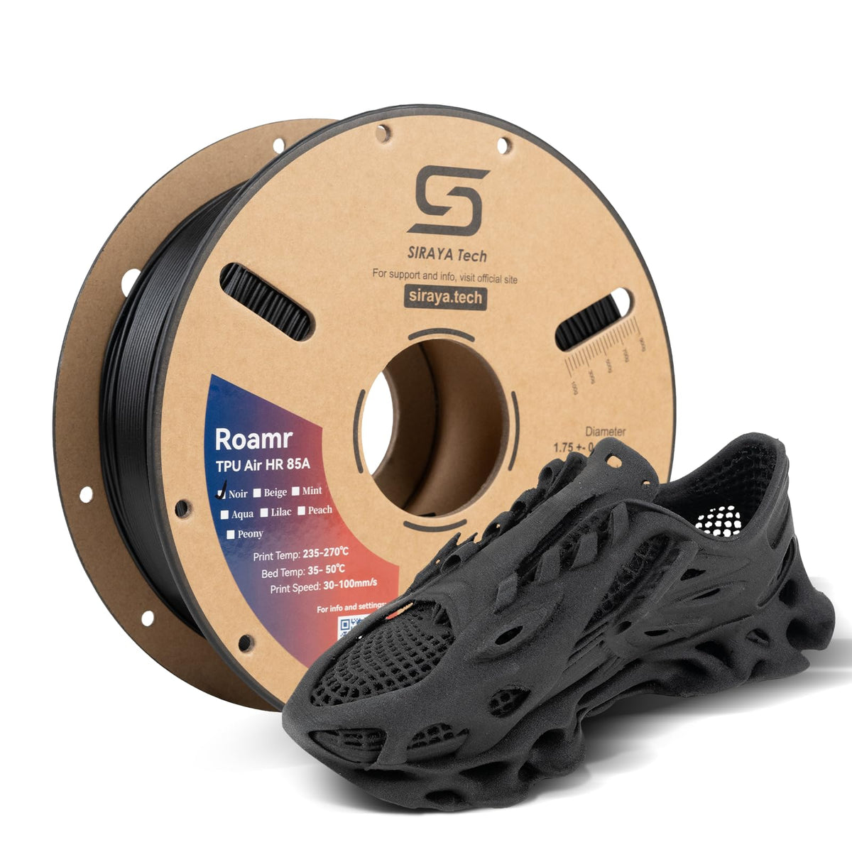 Siraya Tech Roamr TPU Air HR 80A Filament, 48-50% High Rebound, Foaming Flexible 3D Printer Filament, 64A-80A Variable Hardness, Matte Finish for Footwear, Midsoles, and Orthotics (800g, Noir)