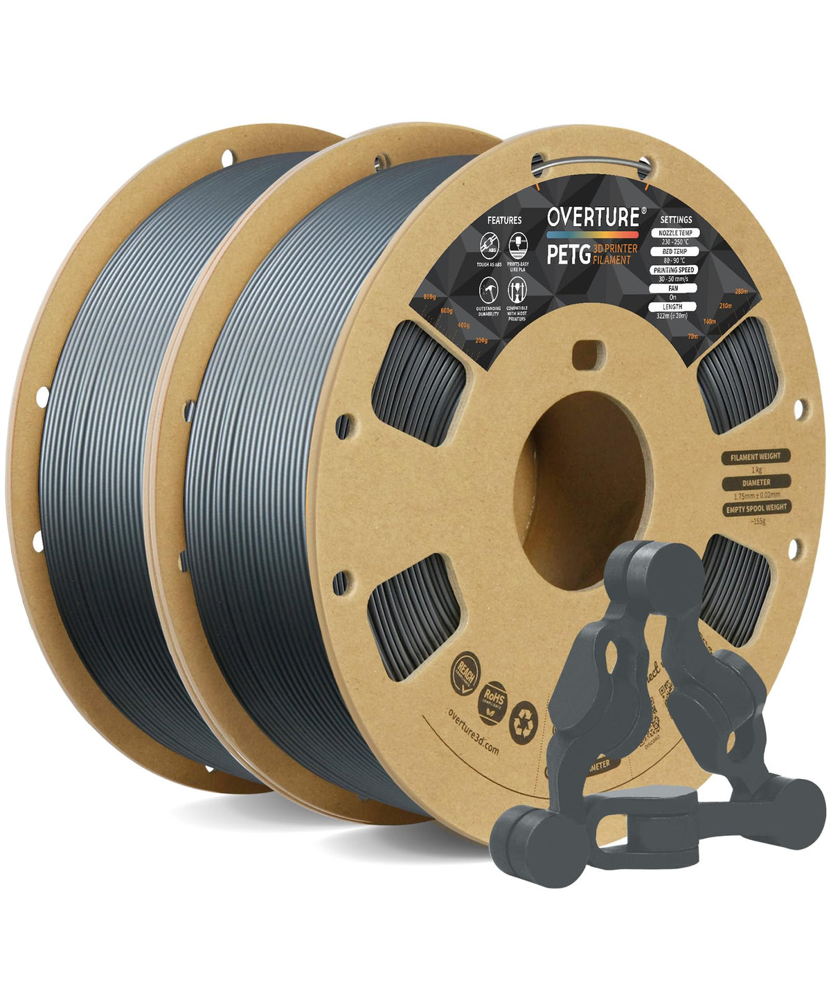 OVERTURE 4KG Bundle PETG 3D Printer Filament 1.75mm, Neatly Wound Durable PETG 4 Pack 1kg(2.2lbs), Strong Toughness Filament, Dimensional Accuracy +/- 0.02mm, Fit Most FDM Printers (Black (4-Pack)