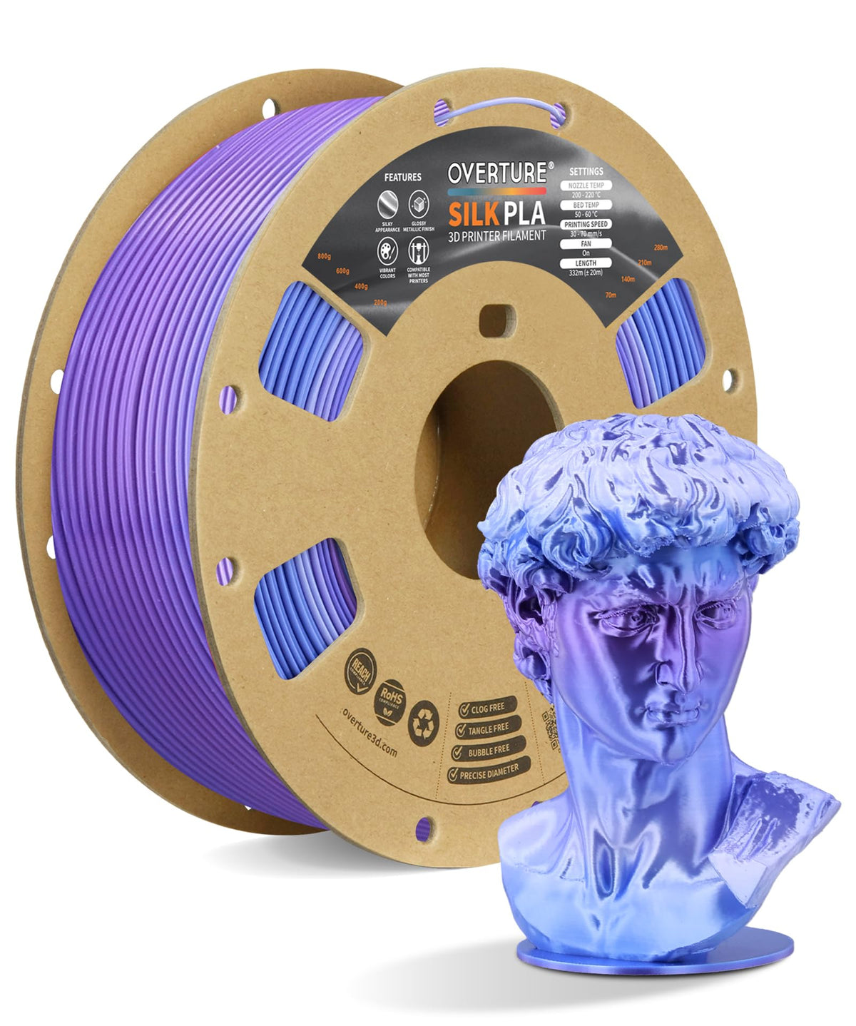 OVERTURE Silk PLA Filament Bundle, Clog-Free Shiny, Metallic Shine 3D Printer Filament, 1kg Spool * 4 Rolls(Silk Gold+Silk Silver+Silk Coppe+Silk Blue-Silver)