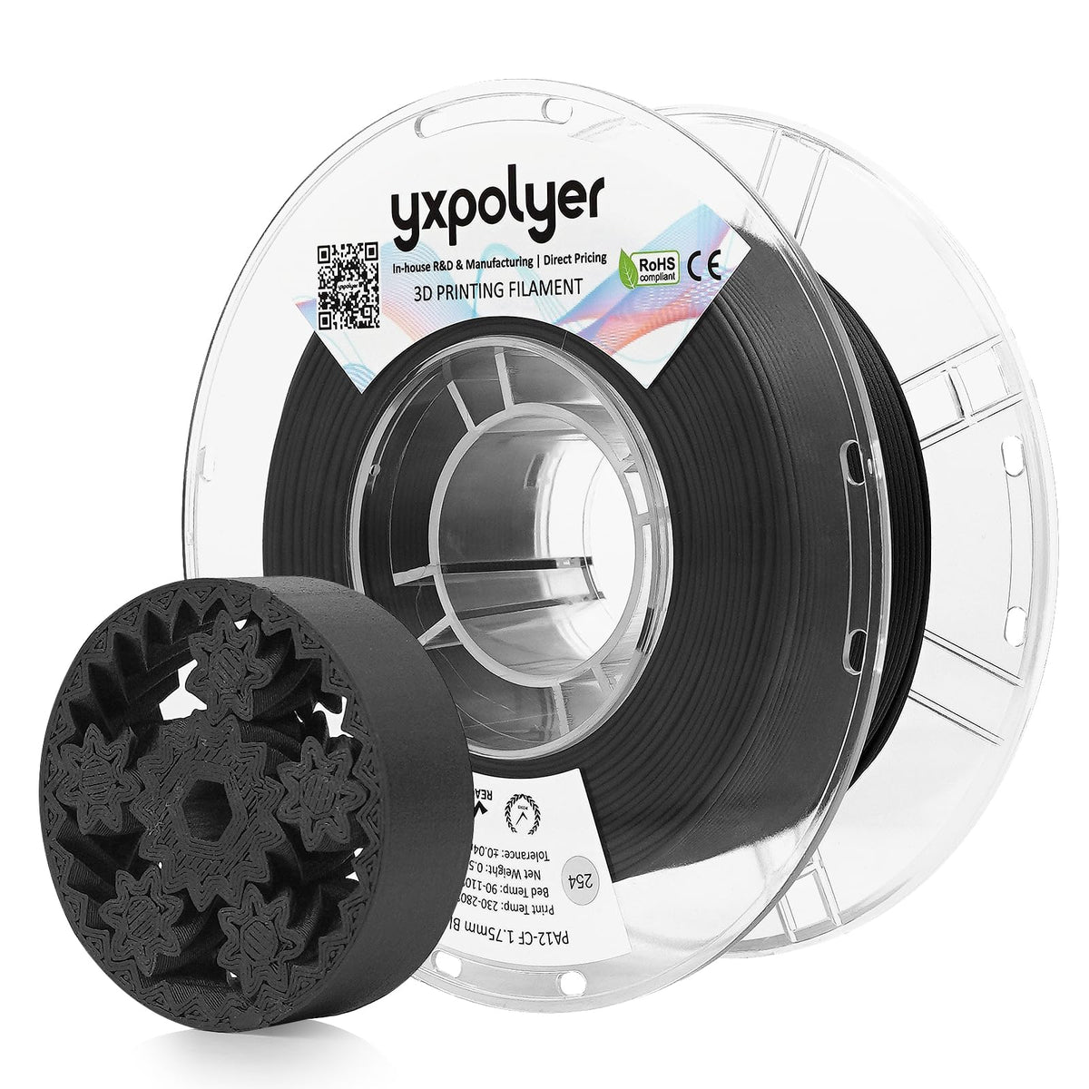 YXPOLYER Carbon Fiber Nylon Filament 3D Printer Filament PA6-CF Filament 1.75mm 1kg with PC Spool, PA6 CF 3D Printing Filament