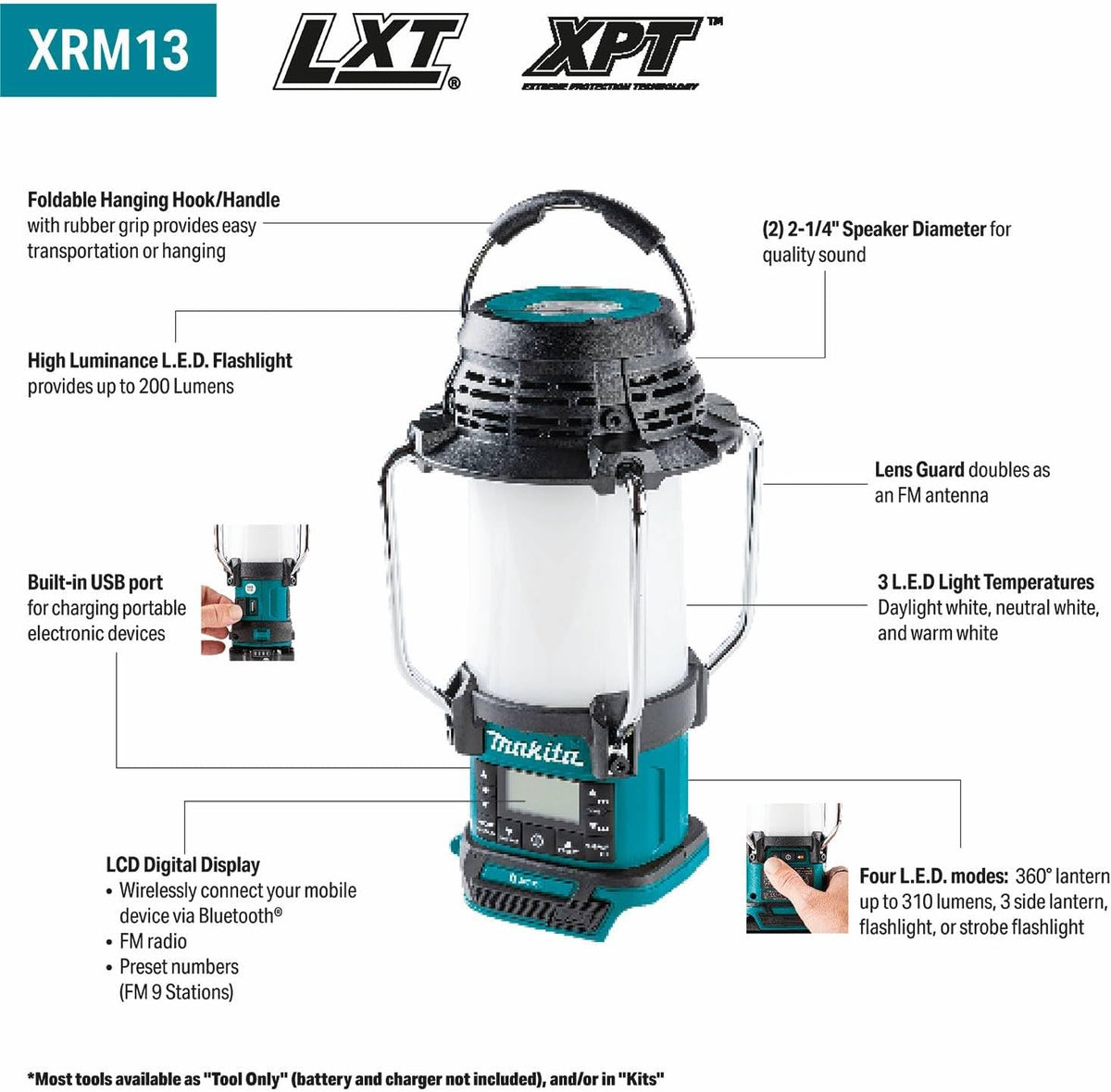 Makita XRM13 18V LXT® Lithium-Ion Cordless Bluetooth® Radio and L.E.D. Lantern, Tool Only