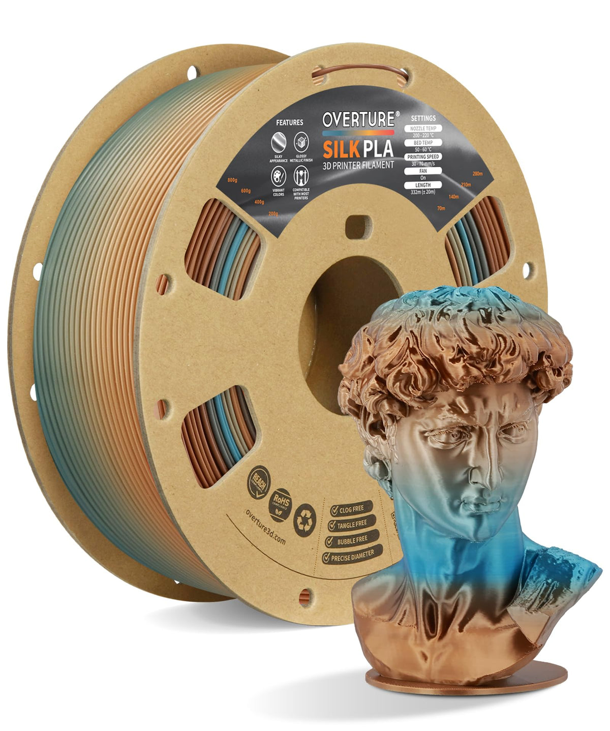 OVERTURE Silk PLA Filament Bundle, Clog-Free Shiny, Metallic Shine 3D Printer Filament, 1kg Spool * 4 Rolls(Silk Gold+Silk Silver+Silk Coppe+Silk Blue-Silver)