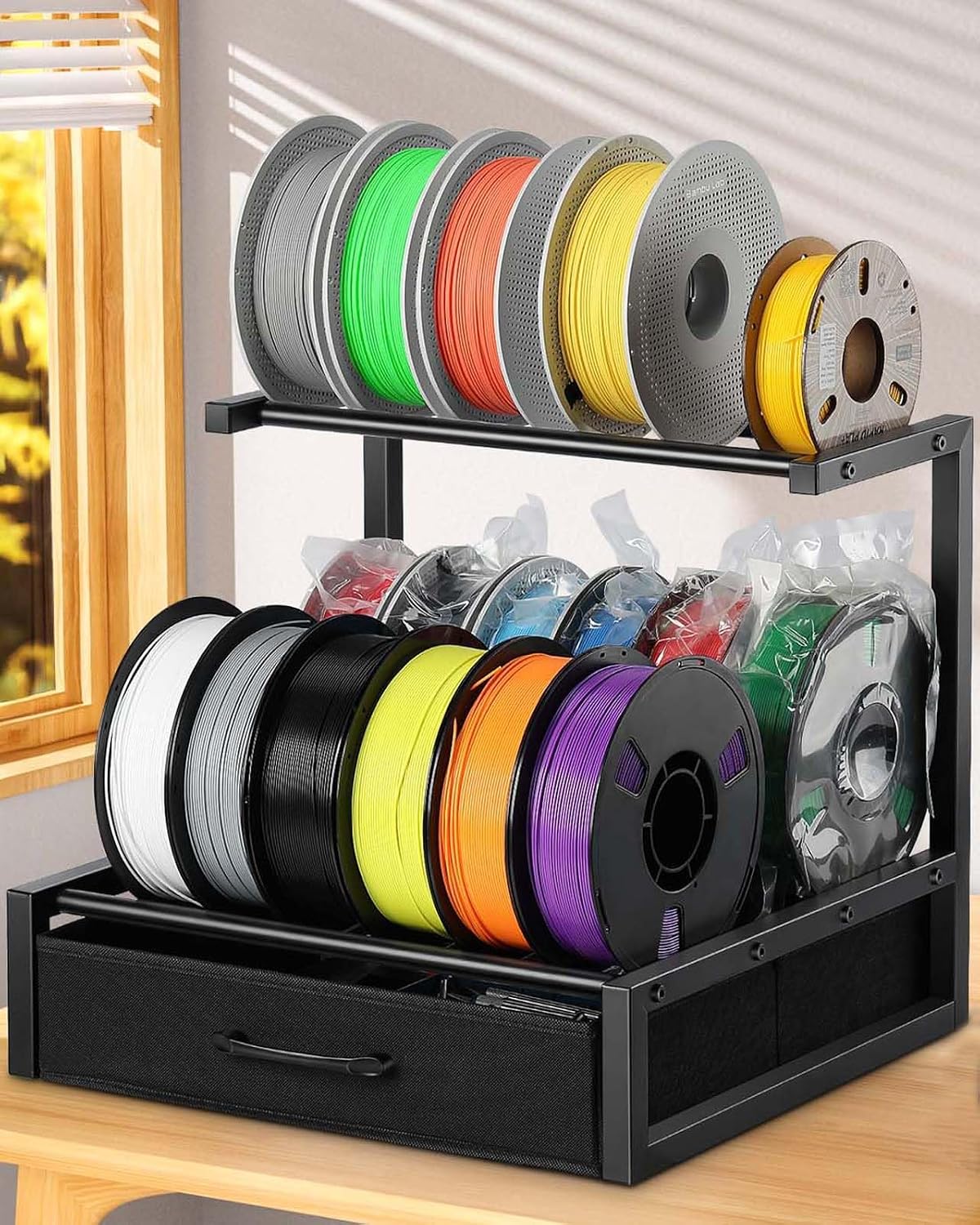 2-Tier Desktop Filament Storage Rack with Fabric Drawer - 3D Printer Filament Spools Holder Shelf for PLA/ABS/TPU Filaments, Tabletop Organizer for Home Office, Workshop Studio (Black Double Row)