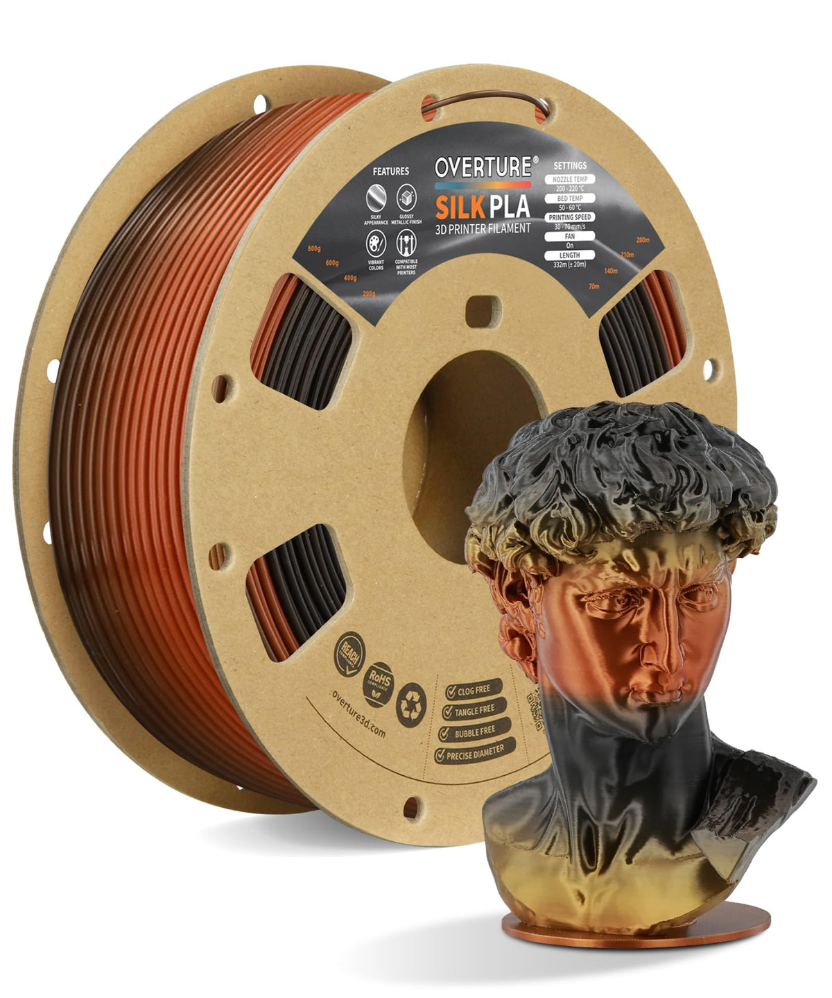 OVERTURE Silk PLA Filament Bundle, Clog-Free Shiny, Metallic Shine 3D Printer Filament, 1kg Spool * 4 Rolls(Silk Gold+Silk Silver+Silk Coppe+Silk Blue-Silver)