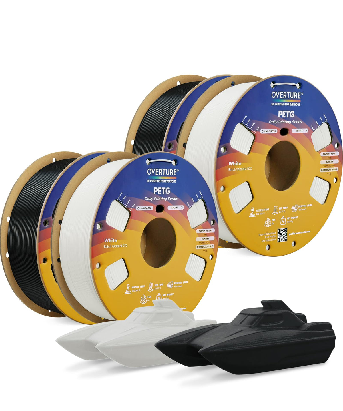 OVERTURE 4KG Bundle PETG 3D Printer Filament 1.75mm, Neatly Wound Durable PETG 4 Pack 1kg(2.2lbs), Strong Toughness Filament, Dimensional Accuracy +/- 0.02mm, Fit Most FDM Printers (Black (4-Pack)