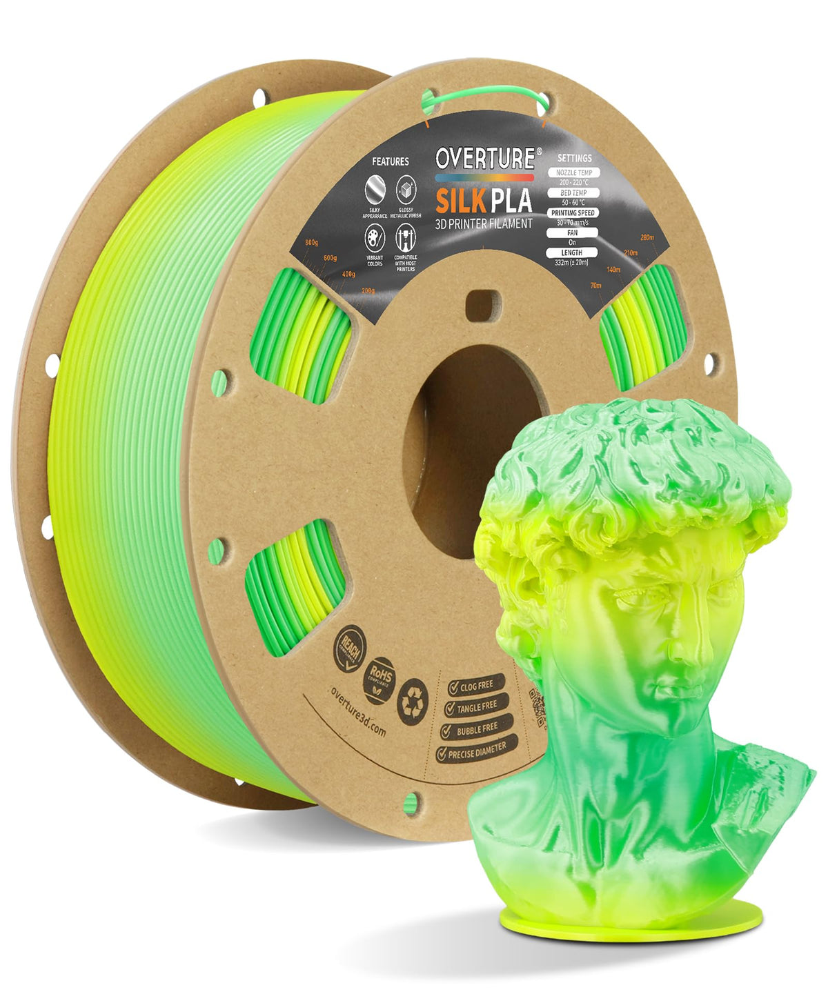 OVERTURE Silk PLA Filament Bundle, Clog-Free Shiny, Metallic Shine 3D Printer Filament, 1kg Spool * 4 Rolls(Silk Gold+Silk Silver+Silk Coppe+Silk Blue-Silver)