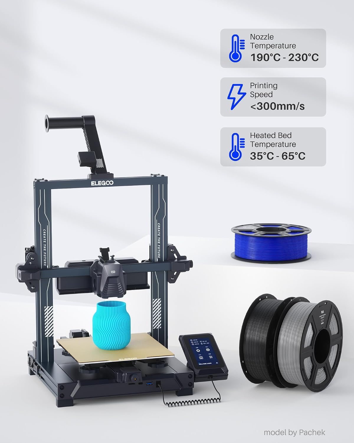 ELEGOO PLA Filament 1.75mm Bundle 4KG, 3D Printer Filament Dimensional Accuracy +/- 0.02mm, 4pcs 1kg Spool(2.2lbs) Fit Most FDM 3D Printers (Black, White, Dark Blue, True Red)