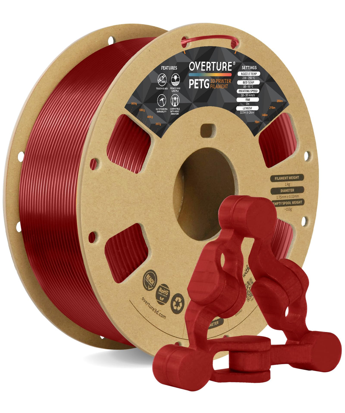 OVERTURE 4KG Bundle PETG 3D Printer Filament 1.75mm, Neatly Wound Durable PETG 4 Pack 1kg(2.2lbs), Strong Toughness Filament, Dimensional Accuracy +/- 0.02mm, Fit Most FDM Printers (Black (4-Pack)