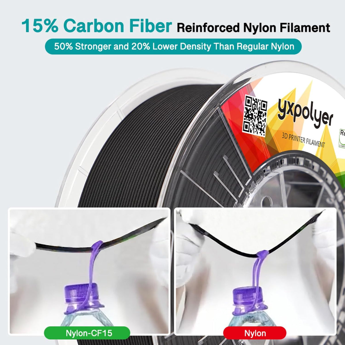 YXPOLYER Carbon Fiber Nylon Filament 3D Printer Filament PA6-CF Filament 1.75mm 1kg with PC Spool, PA6 CF 3D Printing Filament