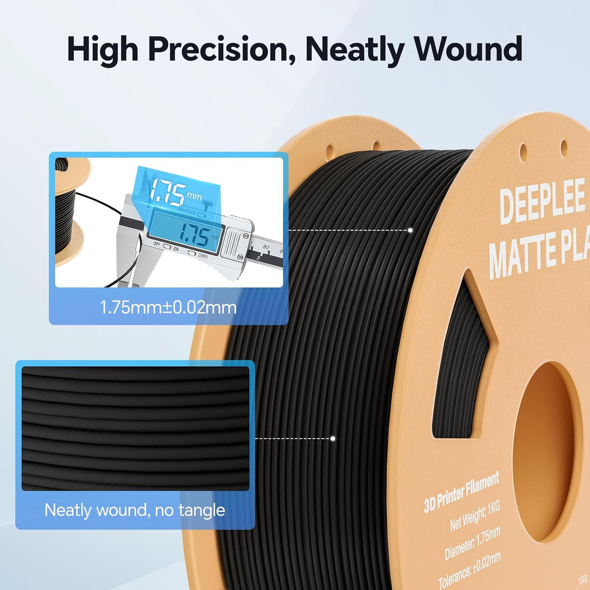 Matte PLA Filament 1.75mm, 3D Printer Filament Dimensional Accuracy +/- 0.02mm, No Clogging, Higher Toughness, Cardboard Spool 3D Filament, 4 Pack Black