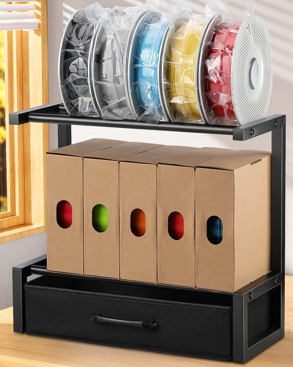 2-Tier Desktop Filament Storage Rack with Fabric Drawer - 3D Printer Filament Spools Holder Shelf for PLA/ABS/TPU Filaments, Tabletop Organizer for Home Office, Workshop Studio (Black Double Row)