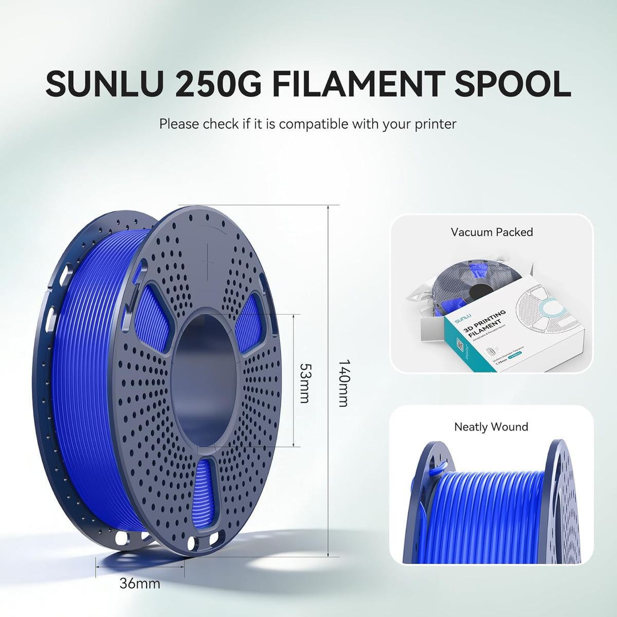 SUNLU 3D Printer Filament Bundle PLA Filament 1.75mm, Individually Vacuum Packed, 0.25kg per Spool, 2kg in Total, 8 Pack, Black+Bone White+Grey+Brown+Red+Blue+Olive Green+Wood