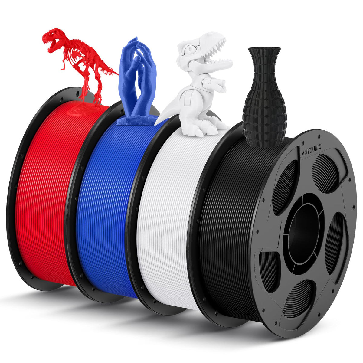 ANYCUBIC PLA Filament 1.75mm Bundle, 3D Printing PLA Filament 1.75mm Dimensional Accuracy +/- 0.02mm, 1KG Reusable Spool (2.2 lbs), 4KG Black + White + Blue + Red