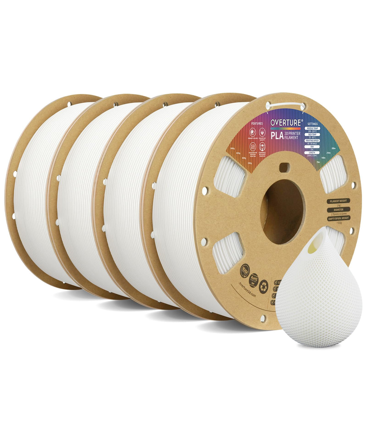 OVERTURE 10KG Bundle PLA Filament 1.75mm, Neatly Wound 3D Printer Filament 10 Pack 1kg Spool (2.2lbs), Dimensional Accuracy +/- 0.02 mm, Fit Most FDM 3D Printers (Black 10-Pack)