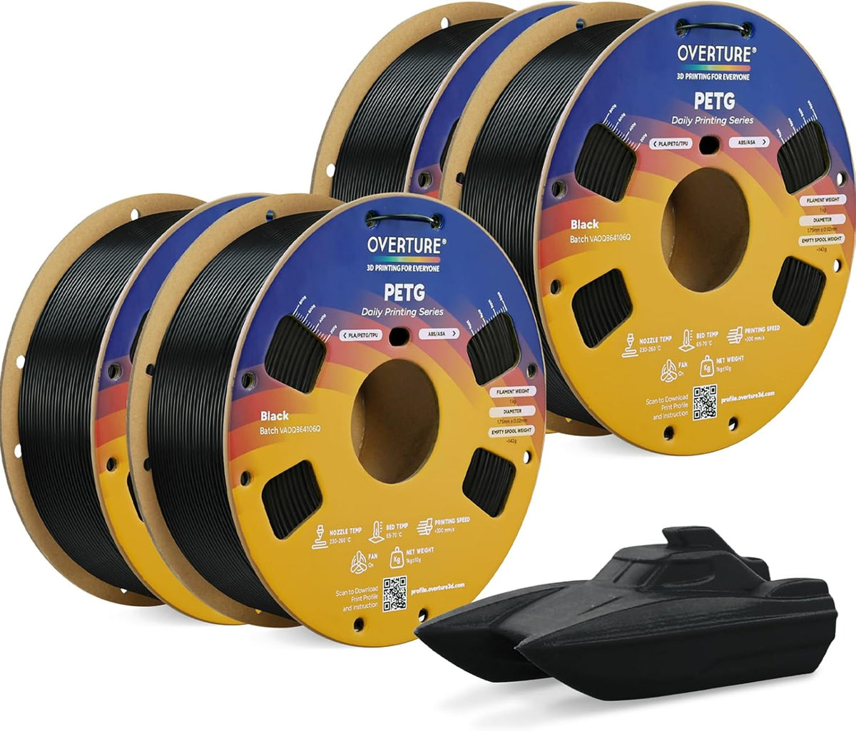 OVERTURE 4KG Bundle PETG 3D Printer Filament 1.75mm, Neatly Wound Durable PETG 4 Pack 1kg(2.2lbs), Strong Toughness Filament, Dimensional Accuracy +/- 0.02mm, Fit Most FDM Printers (Black (4-Pack)