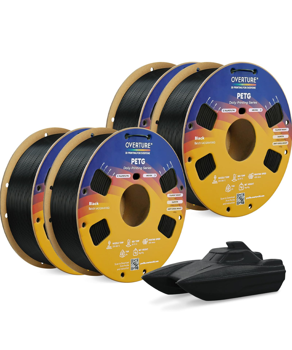 OVERTURE 4KG Bundle PETG 3D Printer Filament 1.75mm, Neatly Wound Durable PETG 4 Pack 1kg(2.2lbs), Strong Toughness Filament, Dimensional Accuracy +/- 0.02mm, Fit Most FDM Printers (Black (4-Pack)