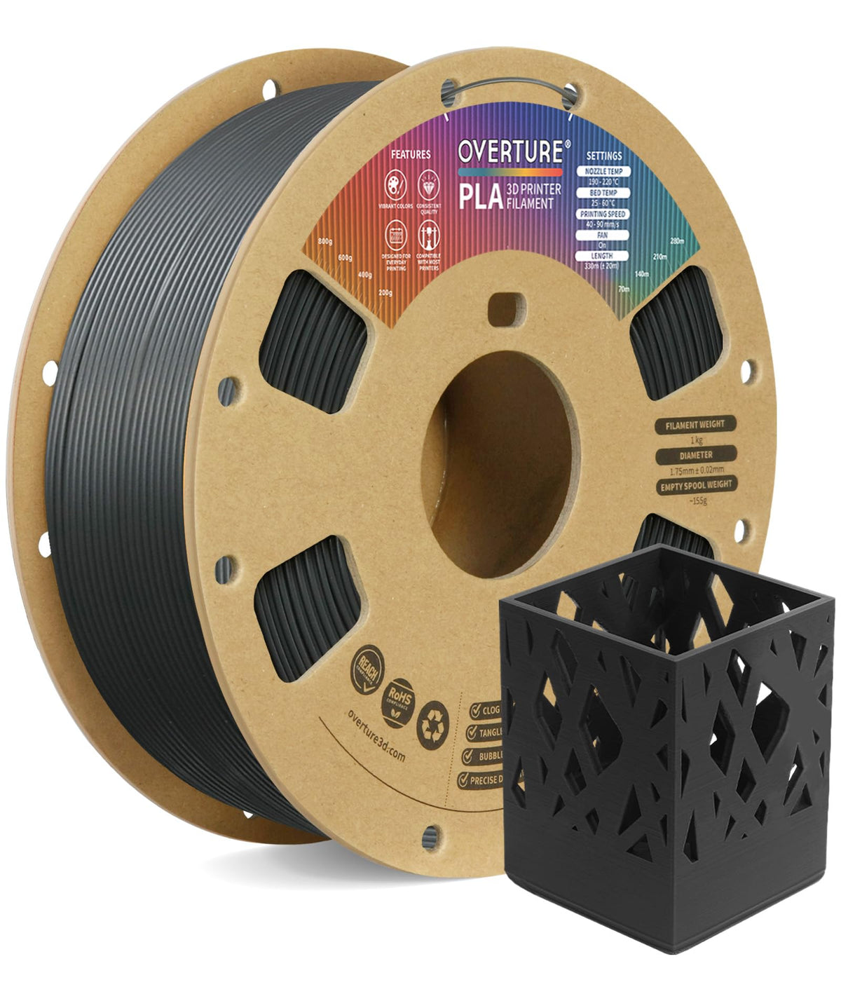 OVERTURE 10KG Bundle PLA Filament 1.75mm, Neatly Wound 3D Printer Filament 10 Pack 1kg Spool (2.2lbs), Dimensional Accuracy +/- 0.02 mm, Fit Most FDM 3D Printers (Black 10-Pack)