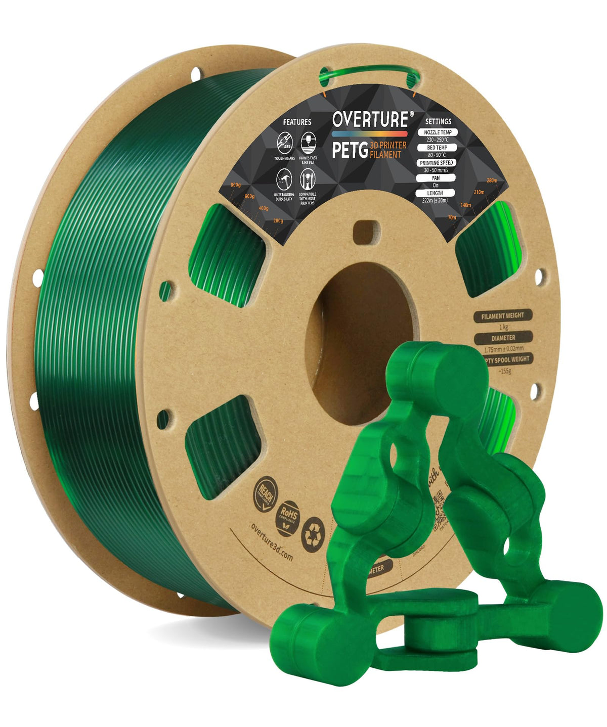 OVERTURE 4KG Bundle PETG 3D Printer Filament 1.75mm, Neatly Wound Durable PETG 4 Pack 1kg(2.2lbs), Strong Toughness Filament, Dimensional Accuracy +/- 0.02mm, Fit Most FDM Printers (Black (4-Pack)