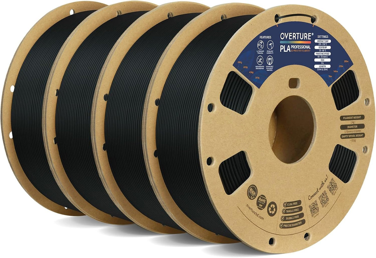 OVERTURE 4KG Bundle PLA Plus (PLA+) Filament 1.75mm, Stronger & More Durable, Professional Toughness 3D Printer Filament 1kg (2.2lbs) 4 Pack, High Precision +/- 0.02mm, Tangle-Free (Black*4)