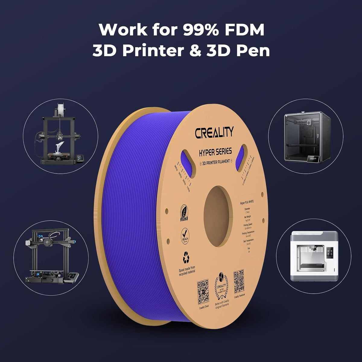 Creality PLA Filament 1.75mm Yellow, 1kg(2.2lbs)/Spool 3D Printer Filament PLA Designed for High Speed 30-600mm/s, Hyper PLA Filament Dimensional Accuracy +/- 0.03 mm, Fits for 3D Printers