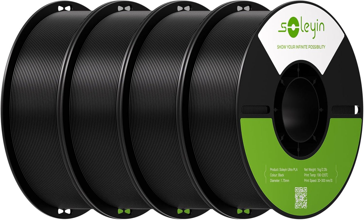 Soleyin PLA Filament 1.75mm 4KG, 3D Printer Filament 4 Pack 1kg Spool, Neatly Wound, ±0.02mm Accuracy, High-Speed & Strong Toughness, No Warping, Fits Most FDM Printers (4 * 1kg Black)