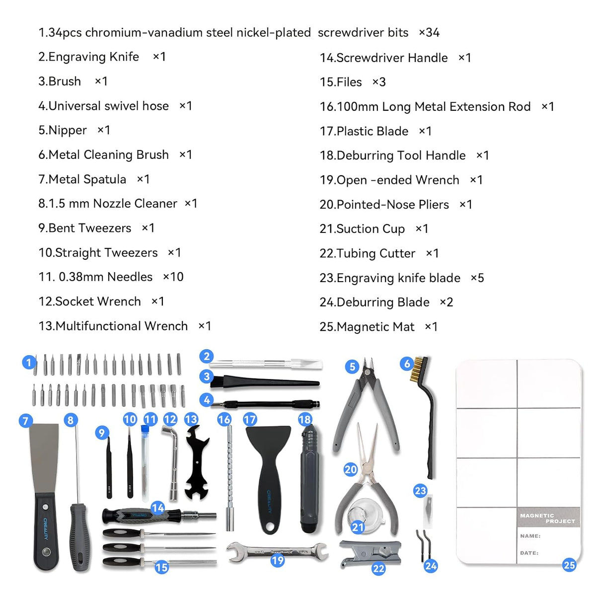 Creality 3D Print Tools Warp Kit 74PCS Comprehensive 3D Printing Tools for 3D Printer Assembling, Nozzle Cleaning, Model Removal Crafting Detailing, Filament Cutting Multi Purpose 3D Printer Tools