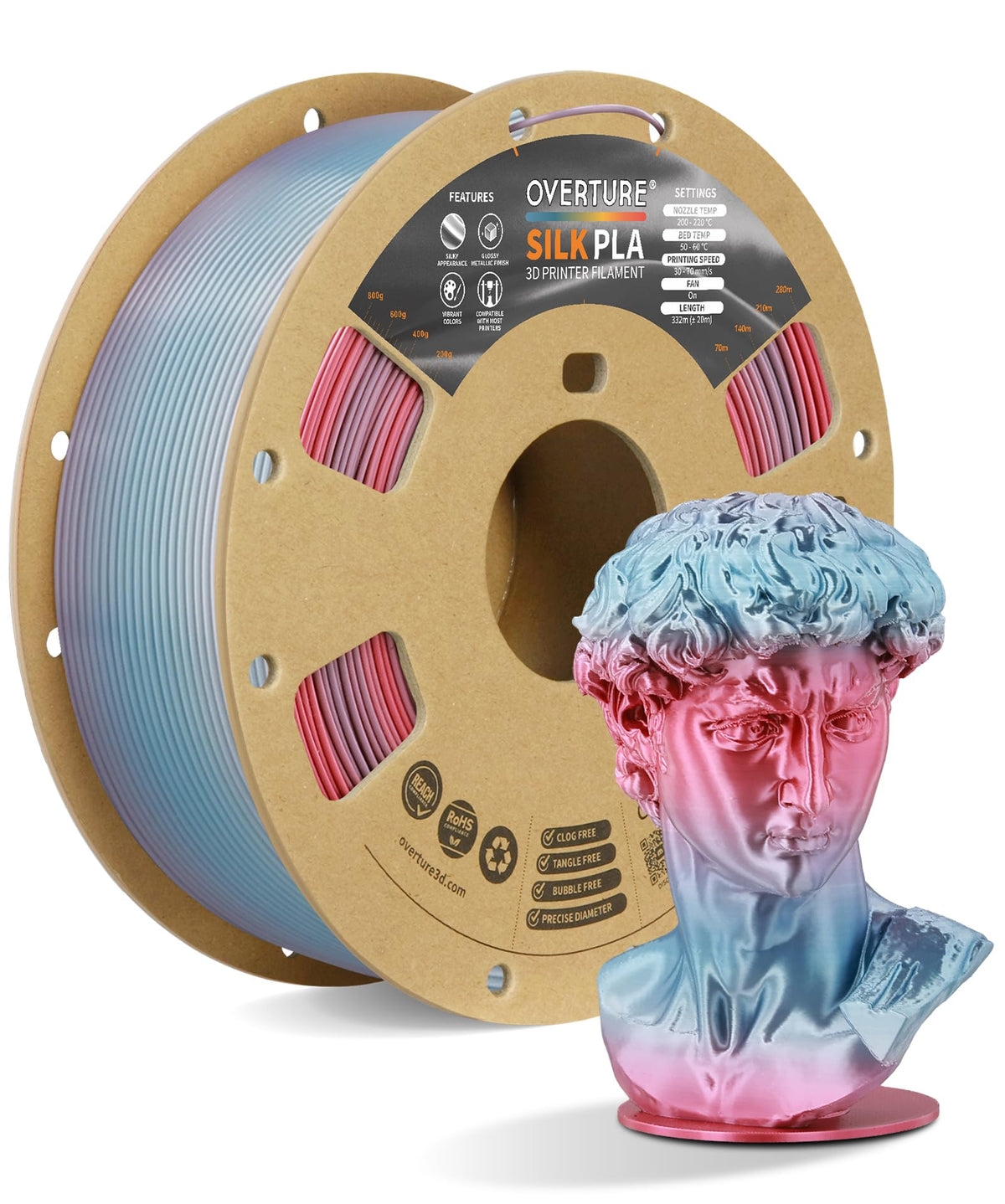 OVERTURE Silk PLA Filament Bundle, Clog-Free Shiny, Metallic Shine 3D Printer Filament, 1kg Spool * 4 Rolls(Silk Gold+Silk Silver+Silk Coppe+Silk Blue-Silver)