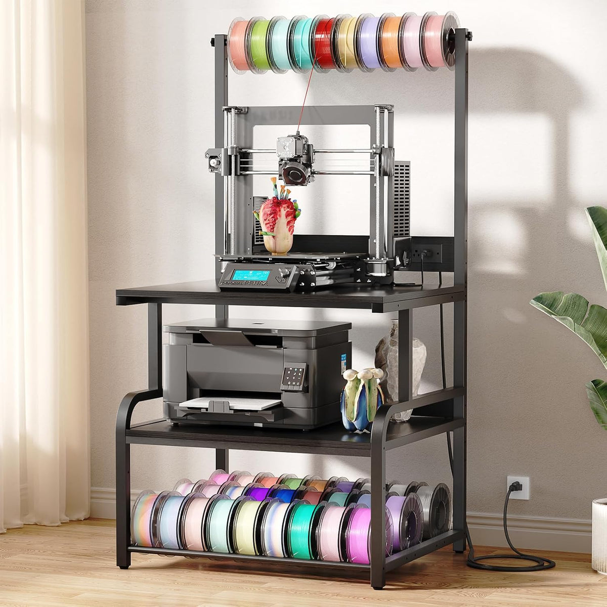 Homieasy Printer Stand with Charging Station, 29.1" x 22.8" Large 3D Printer Table with Filament Storage, Heavy Duty Rolling Printer Cart with 4-Tier Storage for Workshop/Office/Garage, Rustic Brown