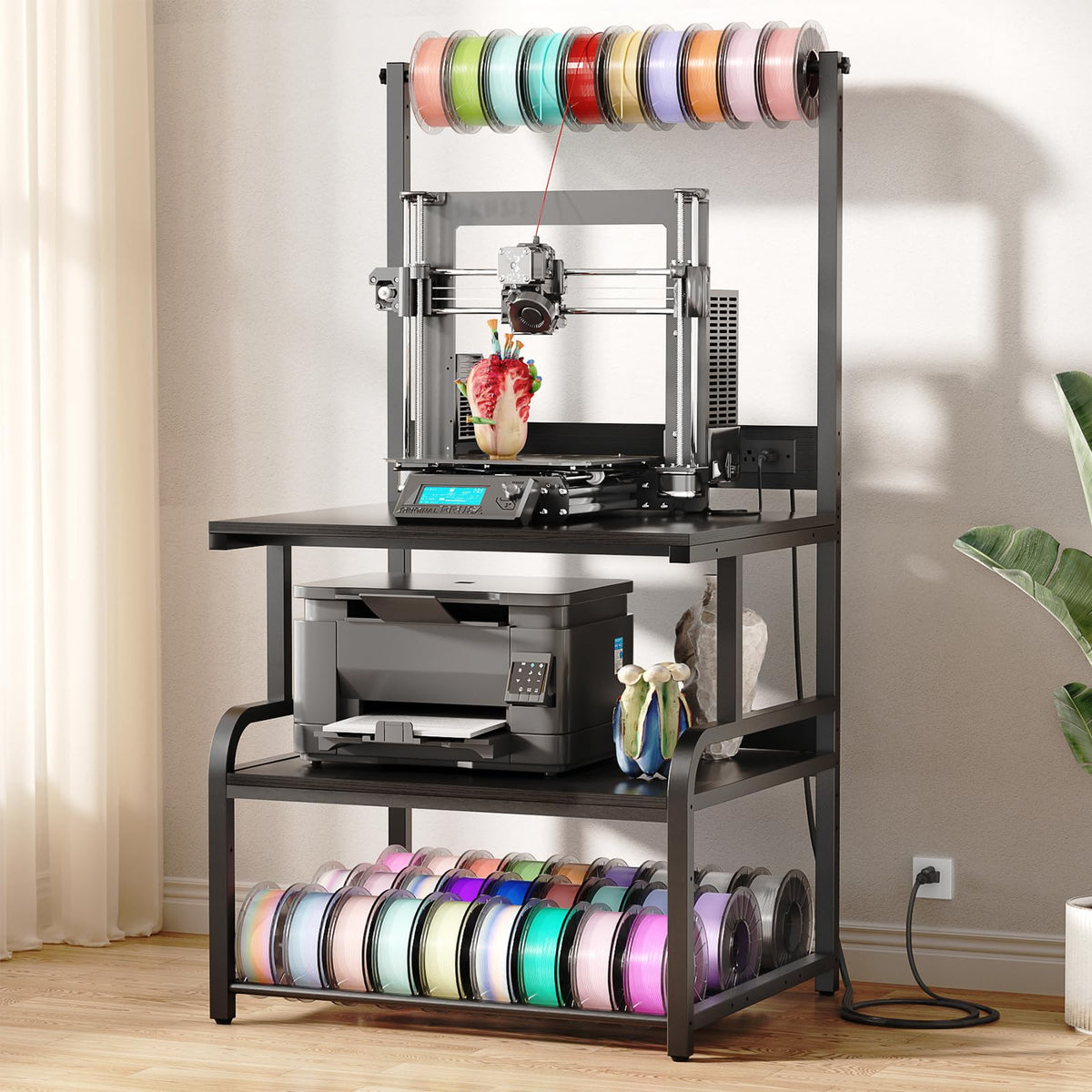 Homieasy Printer Stand with Charging Station, 29.1" x 22.8" Large 3D Printer Table with Filament Storage, Heavy Duty Rolling Printer Cart with 4-Tier Storage for Workshop/Office/Garage, Rustic Brown