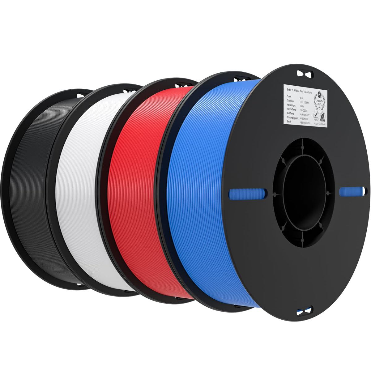 Creality 3D Printer Filament 1.75mm 4KG, PLA Filament Bulk +/- 0.02mm, 4 Pack 1kg Spool(2.2lbs) 3D Printing Filament Fits for Most FDM 3D Printers, Black White Blue Red