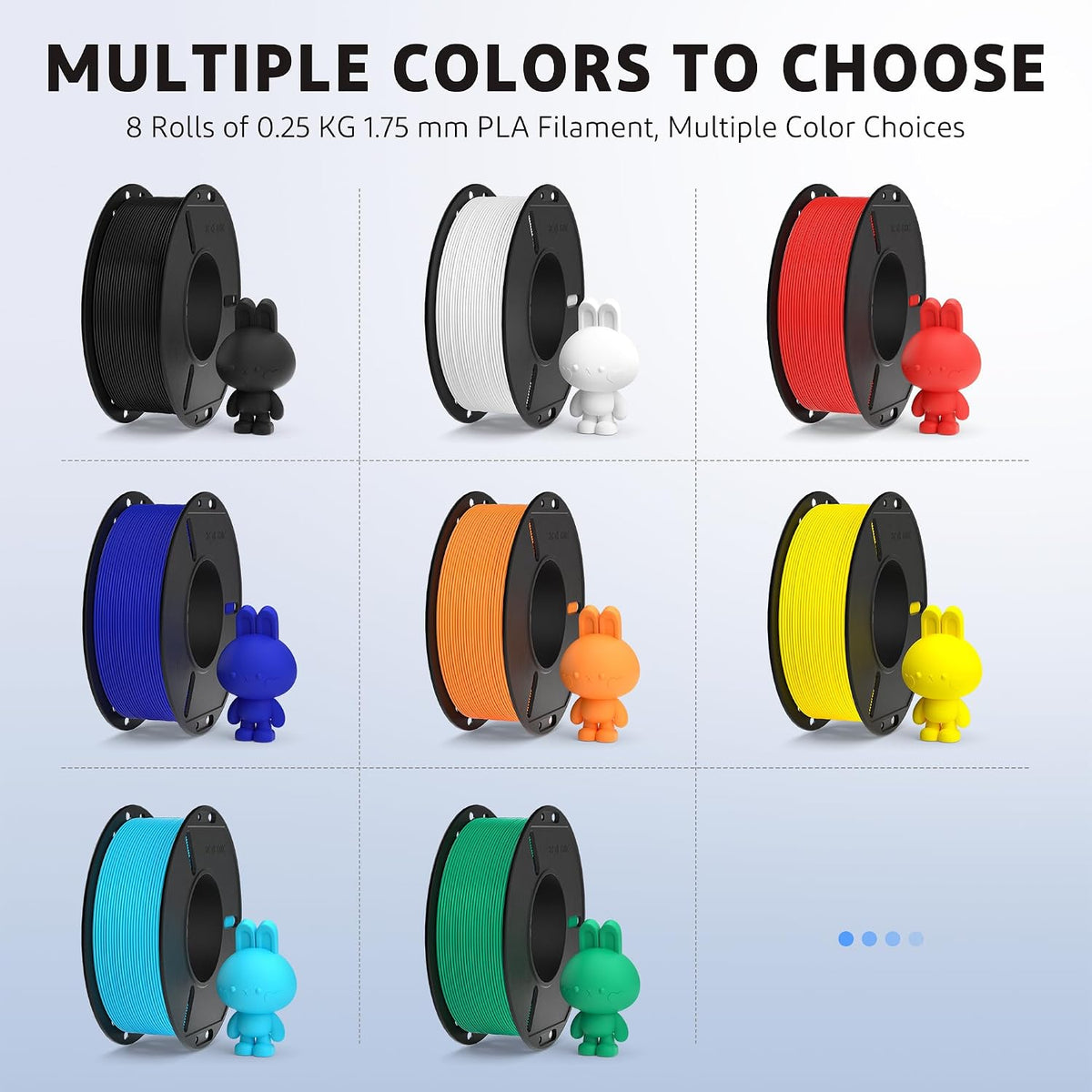 ELEGOO 250g PLA Plus Filament Bundle 1.75mm, 8 Colors 3D Printer Filaments Dimensional Accuracy +/- 0.02mm, 8 Pack 250g Spool, Black/White/Red/Dark Blue/Orange/Yellow/Sky Blue/Sea Green
