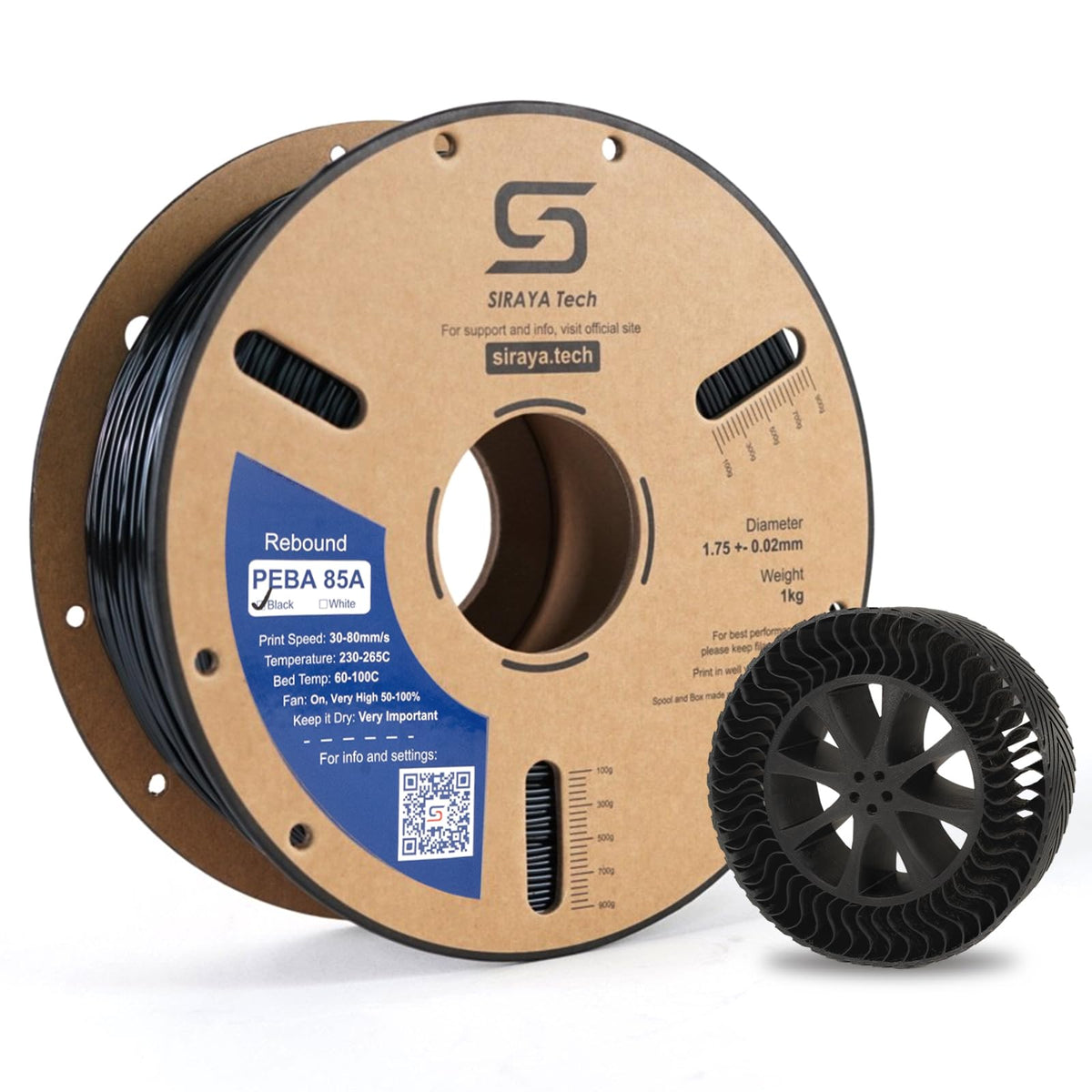 Siraya Tech Rebound PEBA 95A Flexible Filament, The Super TPU | 78% Energy Return & 20% Lighter | Nylon-Based Strength for Sports & Robotics | 1.75mm 3D Printer Filament (Black, 800g)