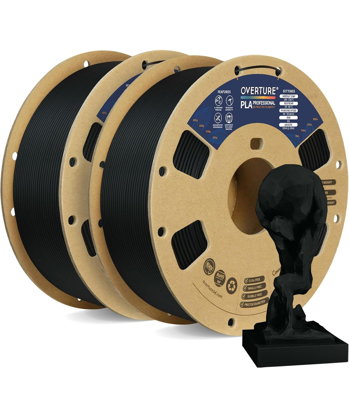 OVERTURE 4KG Bundle PLA Plus (PLA+) Filament 1.75mm, Stronger & More Durable, Professional Toughness 3D Printer Filament 1kg (2.2lbs) 4 Pack, High Precision +/- 0.02mm, Tangle-Free (Black*4)