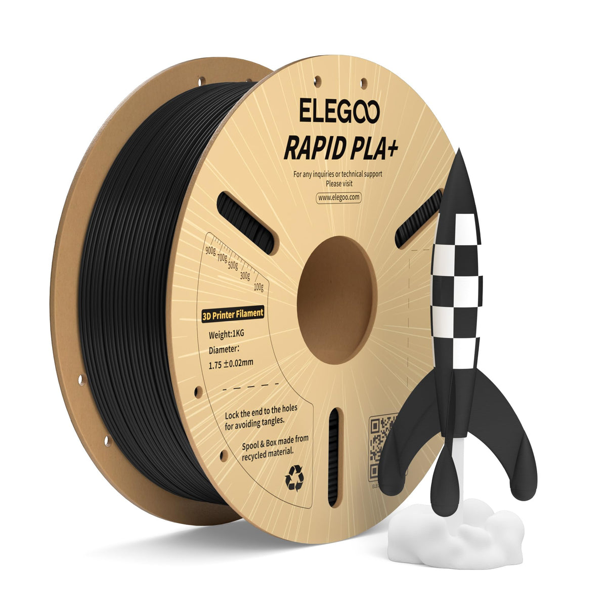 ELEGOO Rapid PLA Plus Filament 1.75mm Black 4KG, PLA+ 3D Printer Filament for 30-600 mm/s High Speed Printing, Dimensional Accuracy +/- 0.02 mm, 4 Pack 1kg Spool(2.2lbs)