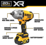 DEWALT 20V MAX Cordless Impact Wrench with Hog Ring Anvil, Brushless High Torque 1/2 Impact Gun, 4-Mode Speed, Includes Battery, Charger and Kit Bag (DCF900P1)
