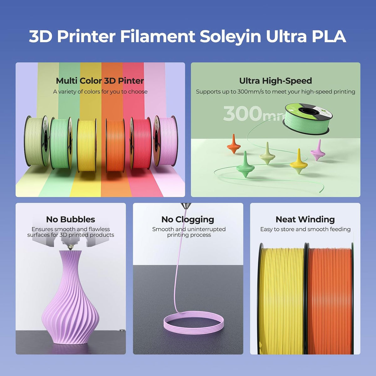 Soleyin PLA Filament 1.75mm 4KG, 3D Printer Filament 4 Pack 1kg Spool, Neatly Wound, ±0.02mm Accuracy, High-Speed & Strong Toughness, No Warping, Fits Most FDM Printers (4 * 1kg Black)