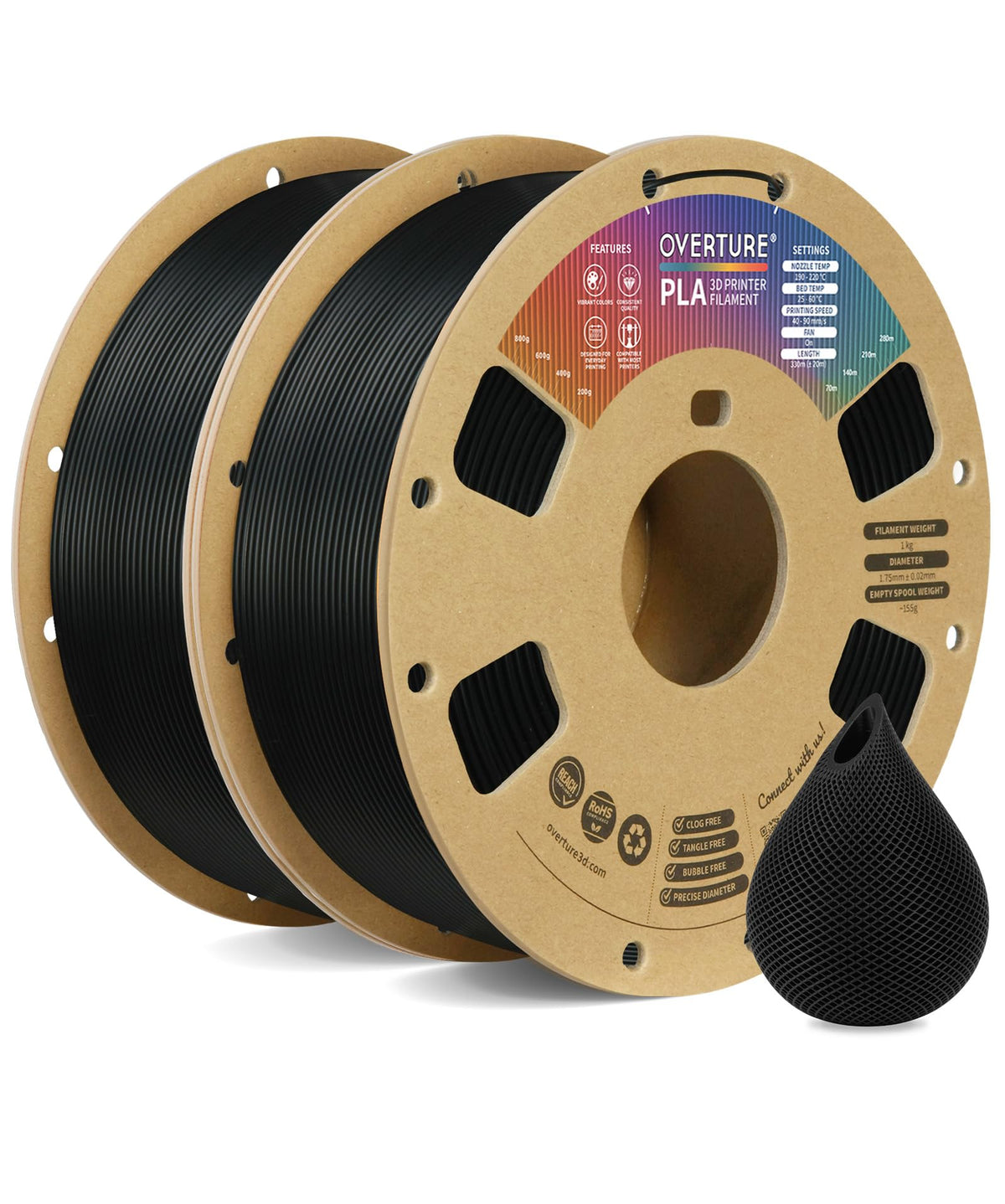 OVERTURE 10KG Bundle PLA Filament 1.75mm, Neatly Wound 3D Printer Filament 10 Pack 1kg Spool (2.2lbs), Dimensional Accuracy +/- 0.02 mm, Fit Most FDM 3D Printers (Black 10-Pack)