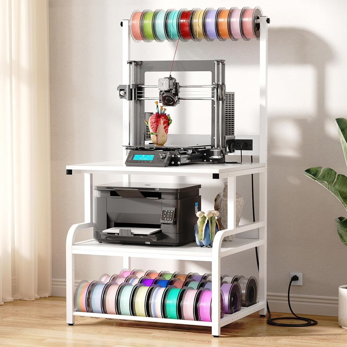 Homieasy Printer Stand with Charging Station, 29.1" x 22.8" Large 3D Printer Table with Filament Storage, Heavy Duty Rolling Printer Cart with 4-Tier Storage for Workshop/Office/Garage, Rustic Brown