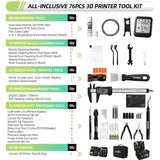 76pcs 3D Printer Tools Kit with Bag, 3D Printer Accessories includes Digital Caliper, Hygrometer, PTFE Tube Kit, Deburring Tool, Scrapers, Nozzle Cleaning, for Bambu Lab, Ender 3, FDM/SLA Printers etc