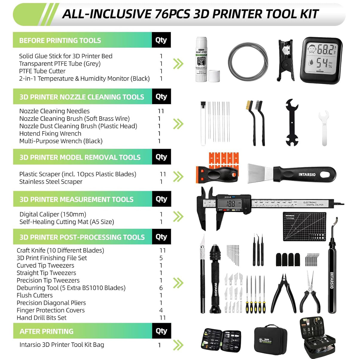 76pcs 3D Printer Tools Kit with Bag, 3D Printer Accessories includes Digital Caliper, Hygrometer, PTFE Tube Kit, Deburring Tool, Scrapers, Nozzle Cleaning, for Bambu Lab, Ender 3, FDM/SLA Printers etc
